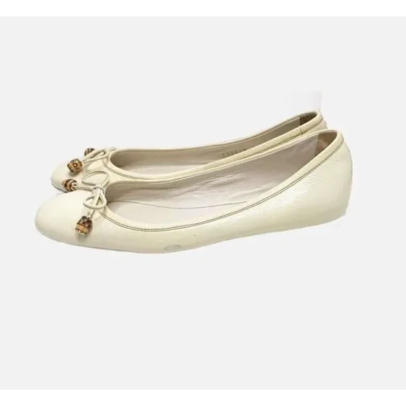 Authentic GUCCI Cream Ivory Patent Leather Bamboo Tassel Bow Ballet Flats 35.5 G - Picture 4 of 12